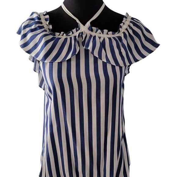 ❤️ Anthropologie Larke Blue white Stripe Emilie Off the shoulder Blouse Top ❤️ - Picture 1 of 8